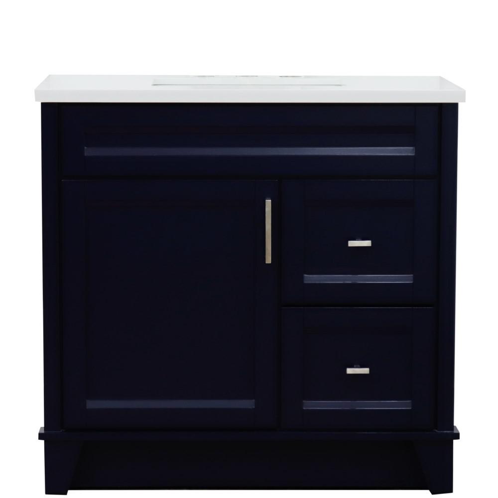 Single sink vanity in Blue with White quartz and Left door/Center sink. Picture 13