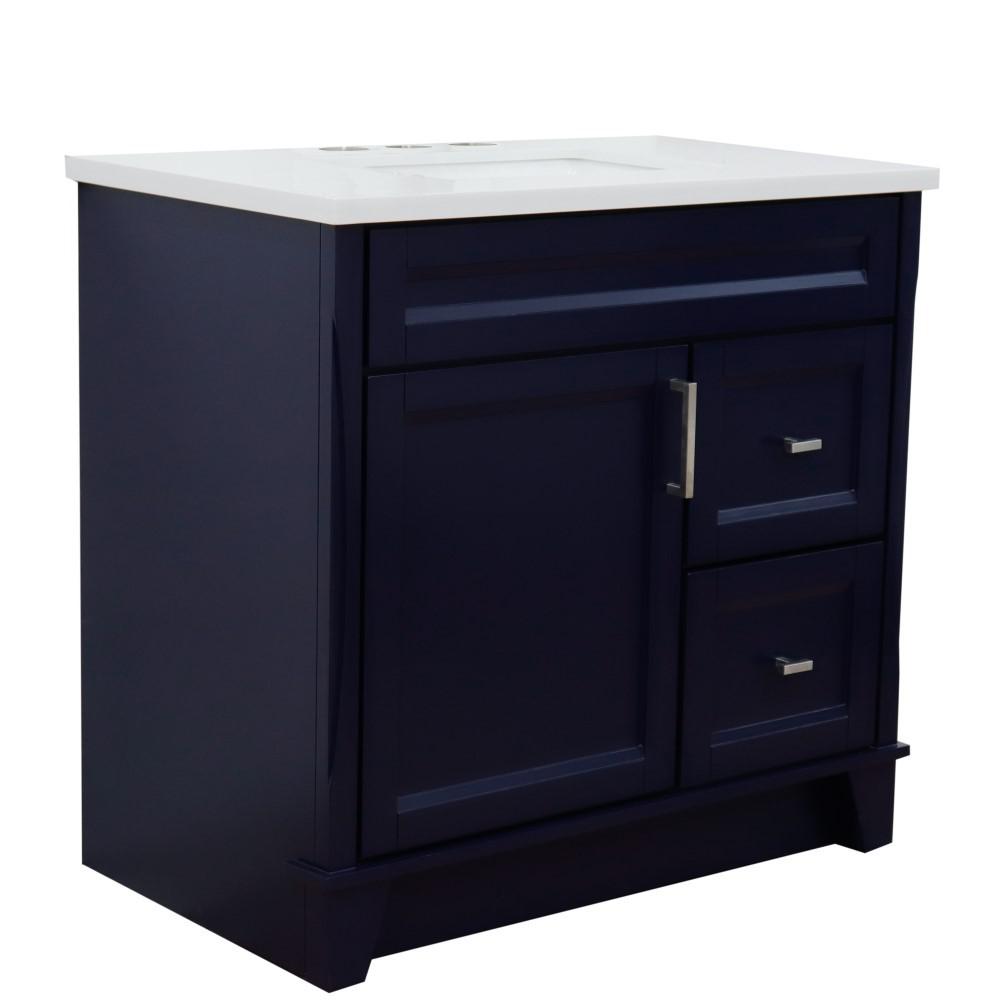 Single sink vanity in Blue with White quartz and Left door/Center sink. Picture 14