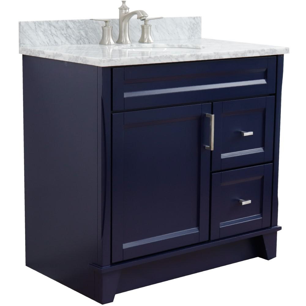 Single sink vanity in Blue with White Carrara marble and door/sink. Picture 5
