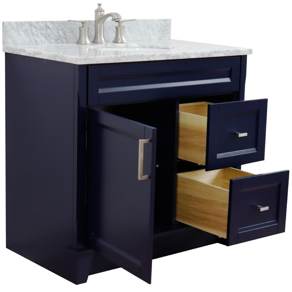 Single sink vanity in Blue with White Carrara marble and door/sink. Picture 6