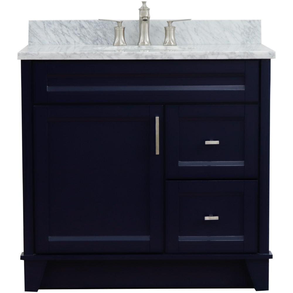 Single sink vanity in Blue with White Carrara marble and door/sink. Picture 7