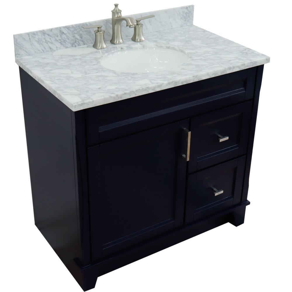 Single sink vanity in Blue with White Carrara marble and door/sink. Picture 11