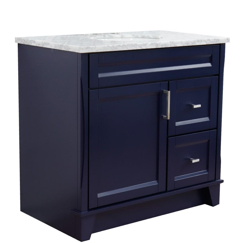 Single sink vanity in Blue with White Carrara marble and door/sink. Picture 14