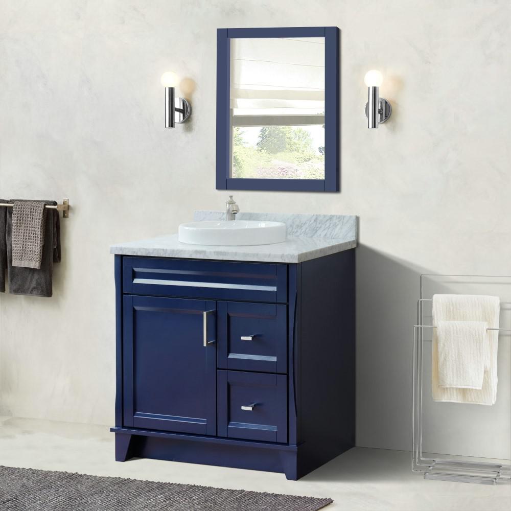 Single sink vanity in Blue with White Carrara marble and door/Round sink. Picture 2