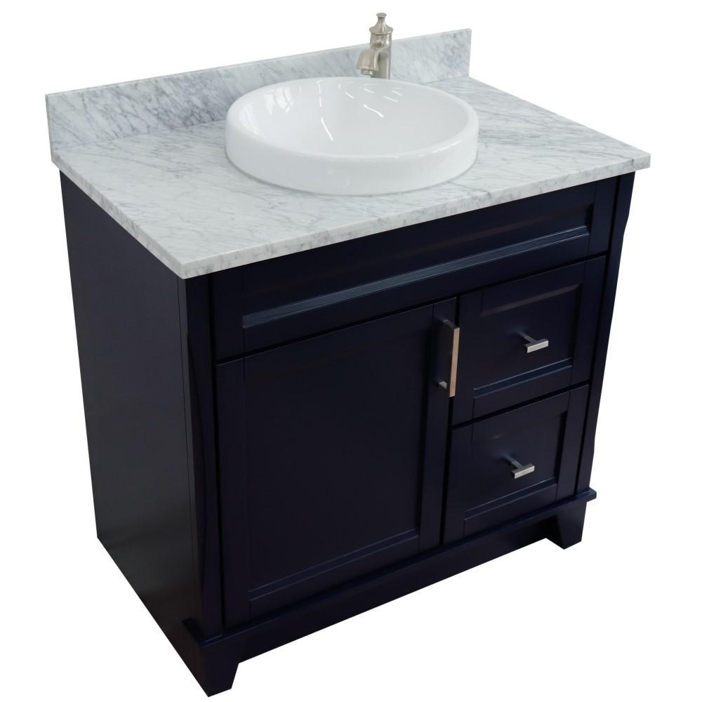 Single sink vanity in Blue with White Carrara marble and door/Round sink. Picture 11