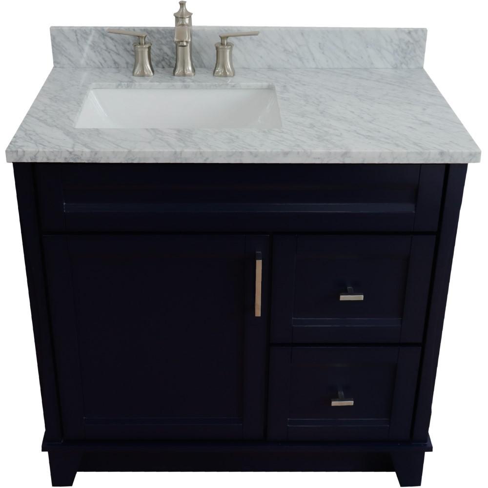 Single sink vanity in Blue with White Carrara marble and Left door/Left sink. Picture 13