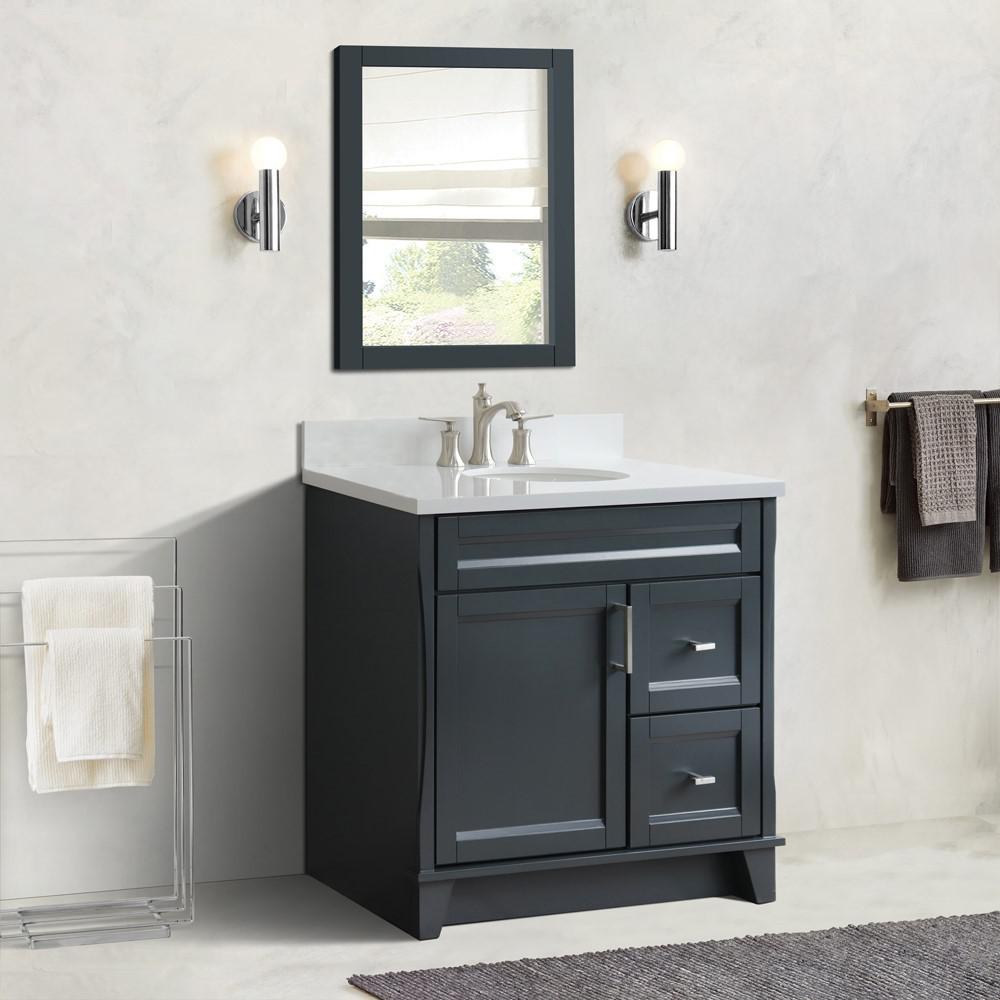 Single sink vanity in Dark Gray with White quartz and Left door/Center sink. Picture 2