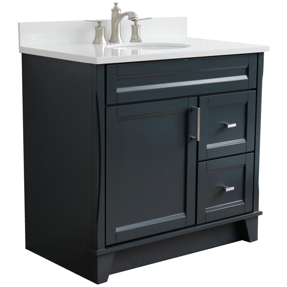 Single sink vanity in Dark Gray with White quartz and Left door/Center sink. Picture 7