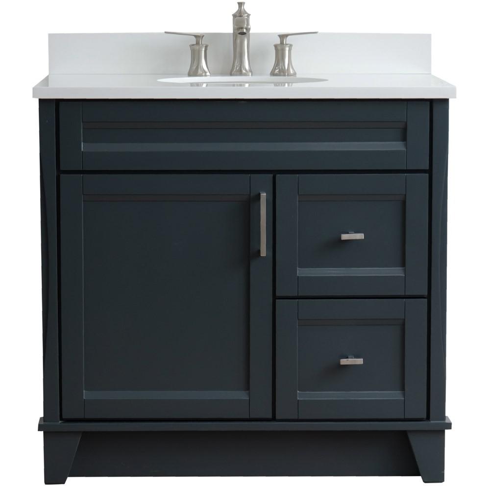 Single sink vanity in Dark Gray with White quartz and Left door/Center sink. Picture 9