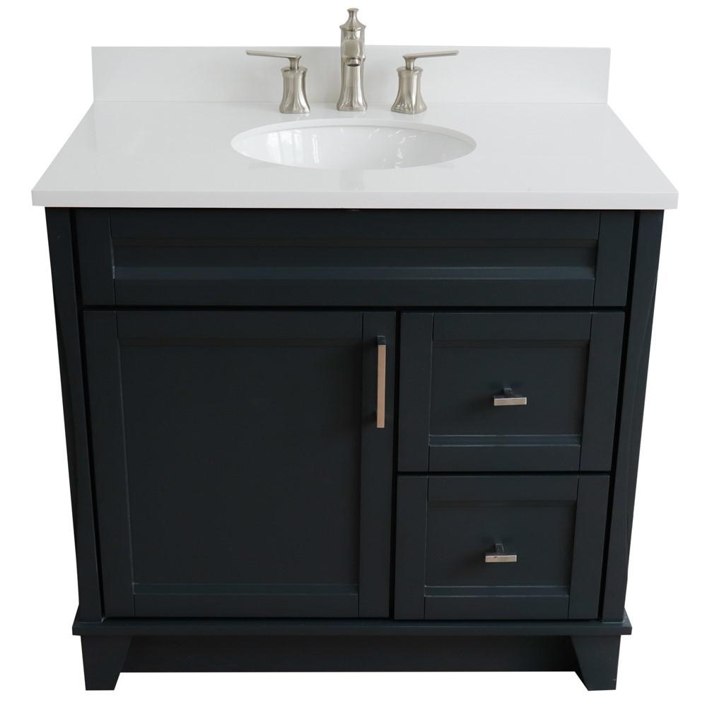 Single sink vanity in Dark Gray with White quartz and Left door/Center sink. Picture 12