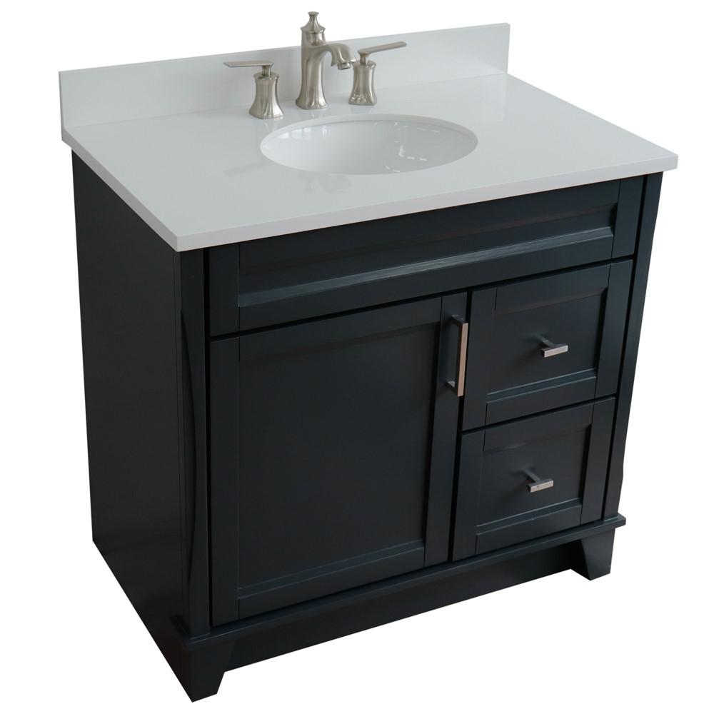 Single sink vanity in Dark Gray with White quartz and Left door/Center sink. Picture 13