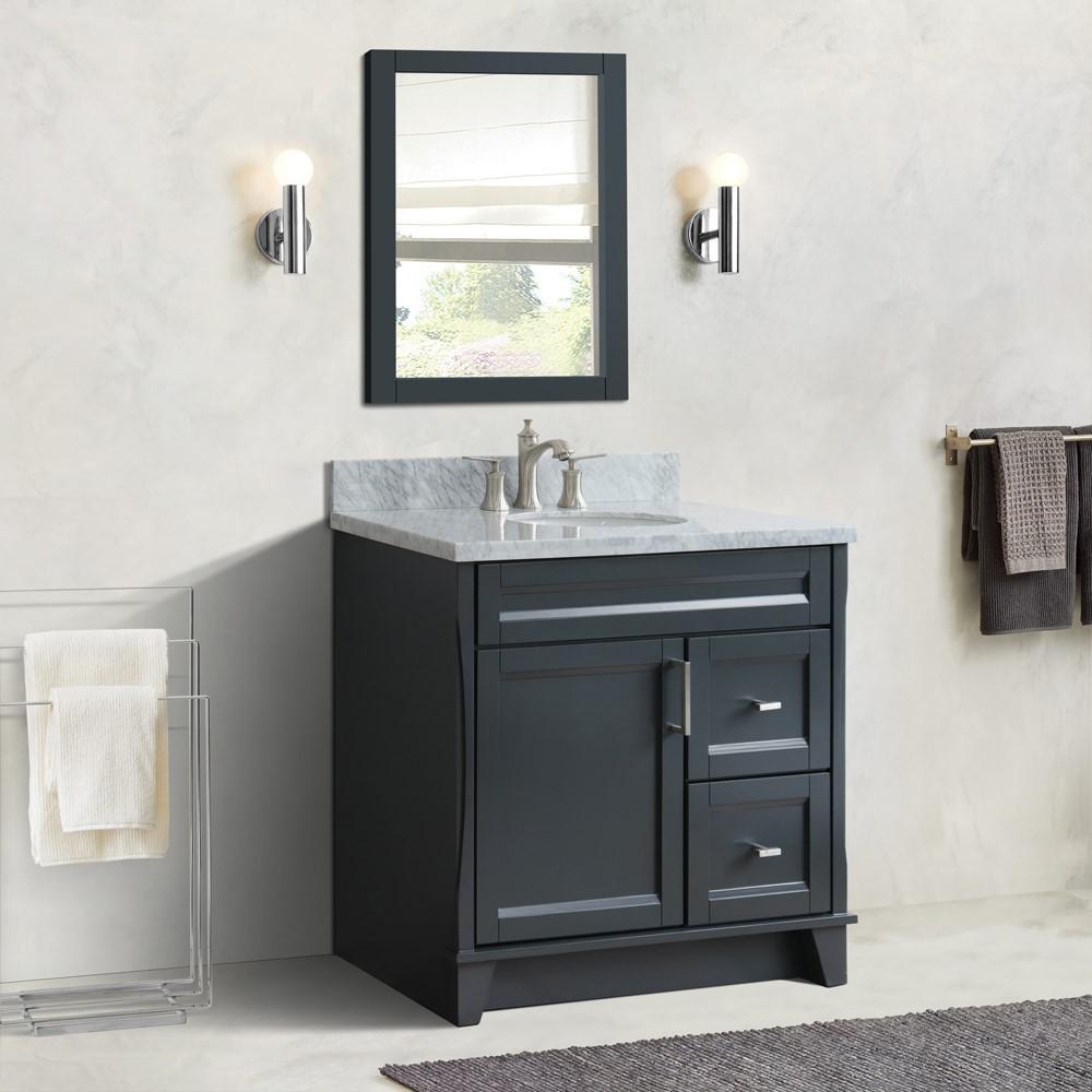 Single sink vanity in Dark Gray with White Carrara marble and door/sink. Picture 2