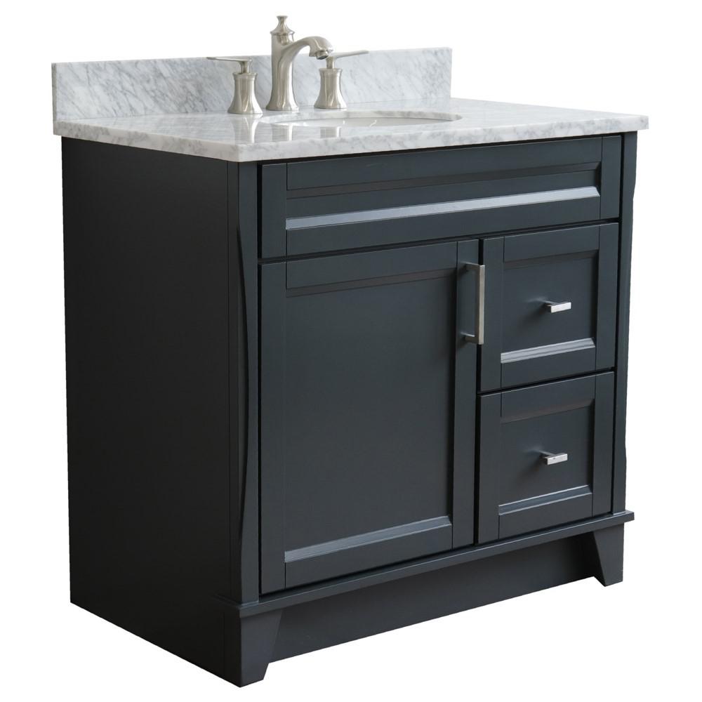 Single sink vanity in Dark Gray with White Carrara marble and door/sink. Picture 5