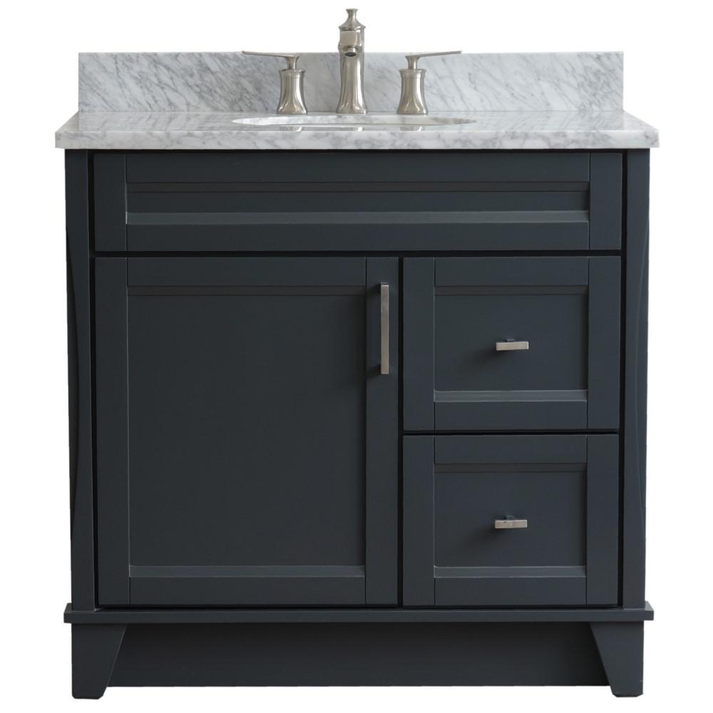 Single sink vanity in Dark Gray with White Carrara marble and door/sink. Picture 7