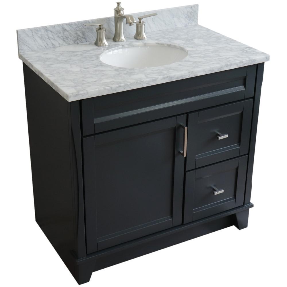 Single sink vanity in Dark Gray with White Carrara marble and door/sink. Picture 11