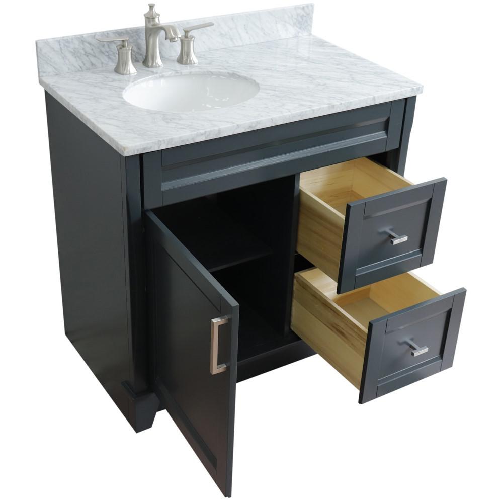 Single sink vanity in Dark Gray with White Carrara marble and door/sink. Picture 3