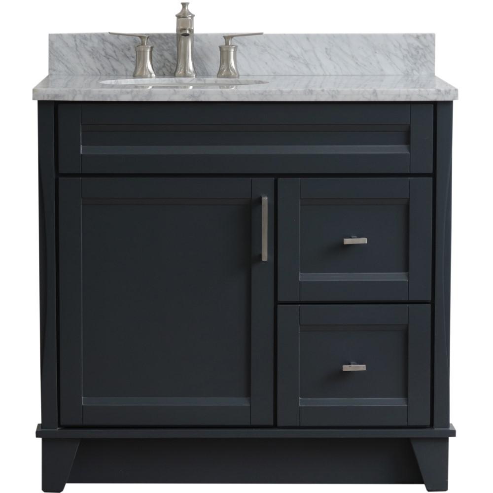 Single sink vanity in Dark Gray with White Carrara marble and door/sink. Picture 10
