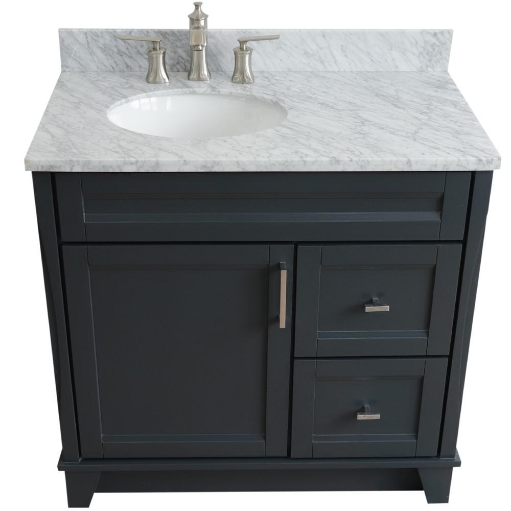 Single sink vanity in Dark Gray with White Carrara marble and door/sink. Picture 13