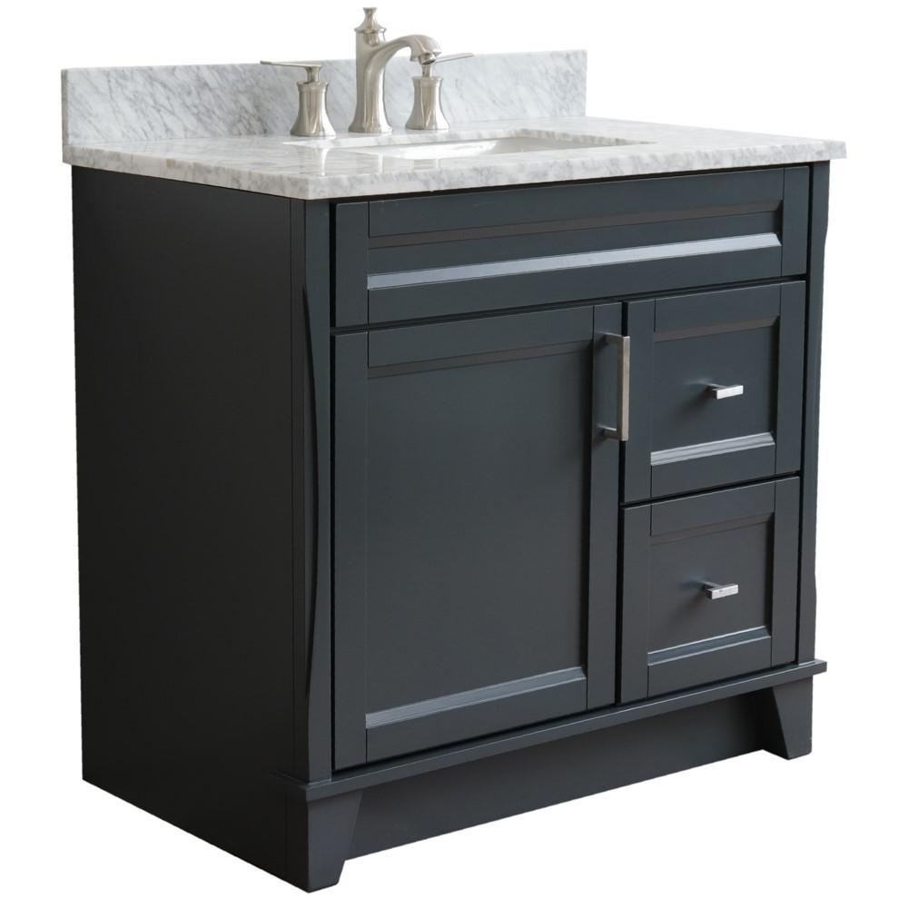 Single sink vanity in Dark Gray with White Carrara marble and door/sink. Picture 6