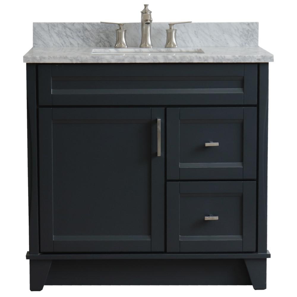 Single sink vanity in Dark Gray with White Carrara marble and door/sink. Picture 8