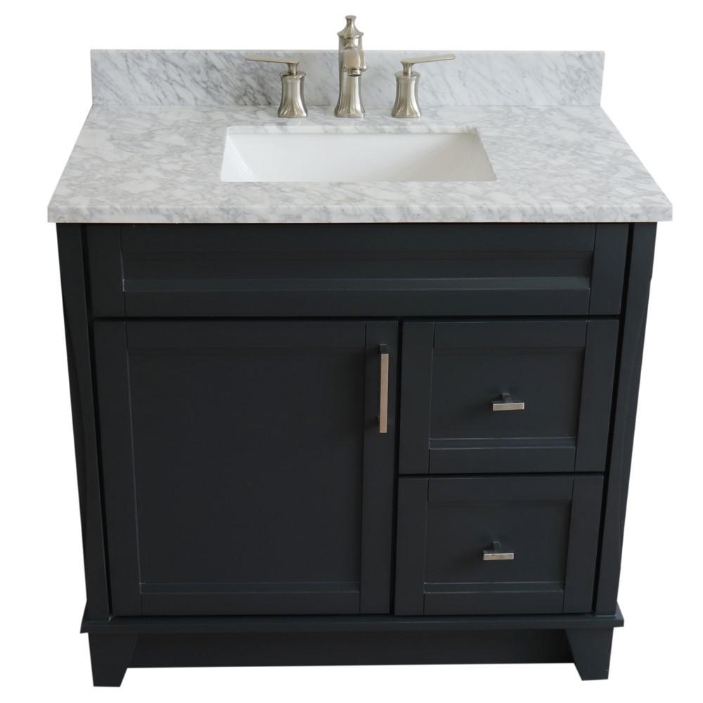 Single sink vanity in Dark Gray with White Carrara marble and door/sink. Picture 11