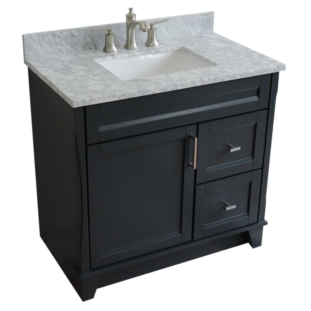 Single sink vanity in Dark Gray with White Carrara marble and door/sink. Picture 12