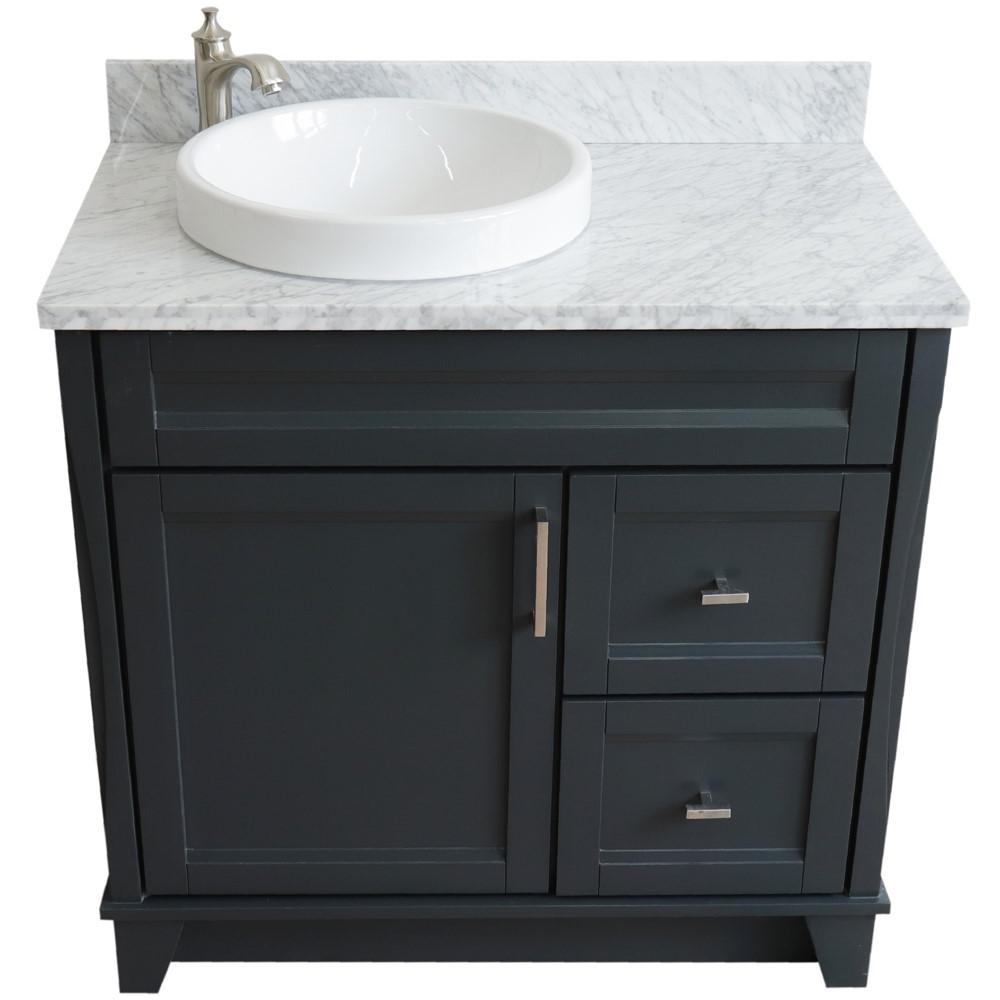 Single sink vanity in Dark Gray with White Carrara marble and door/Round sink. Picture 12