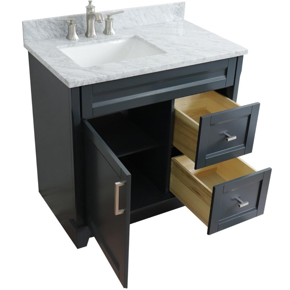Single sink vanity in Dark Gray with White Carrara marble and door/sink. Picture 3