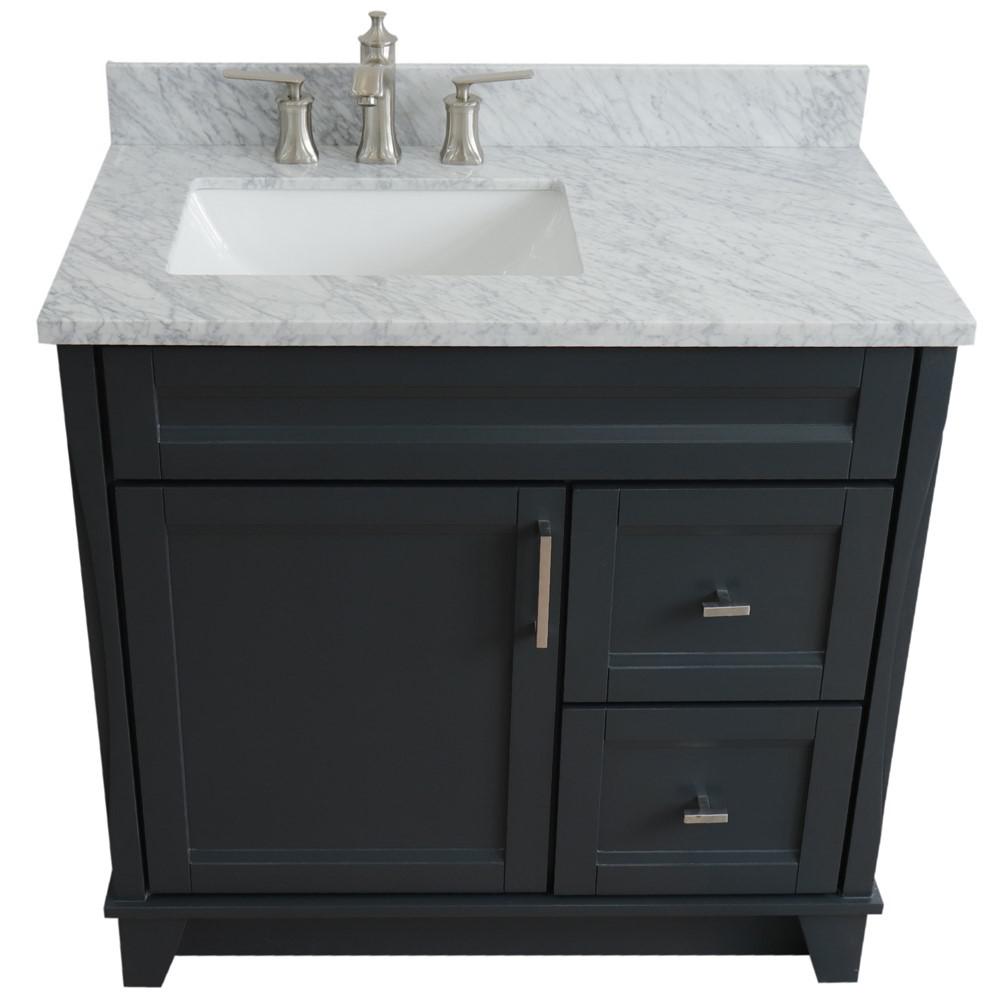 Single sink vanity in Dark Gray with White Carrara marble and door/sink. Picture 13