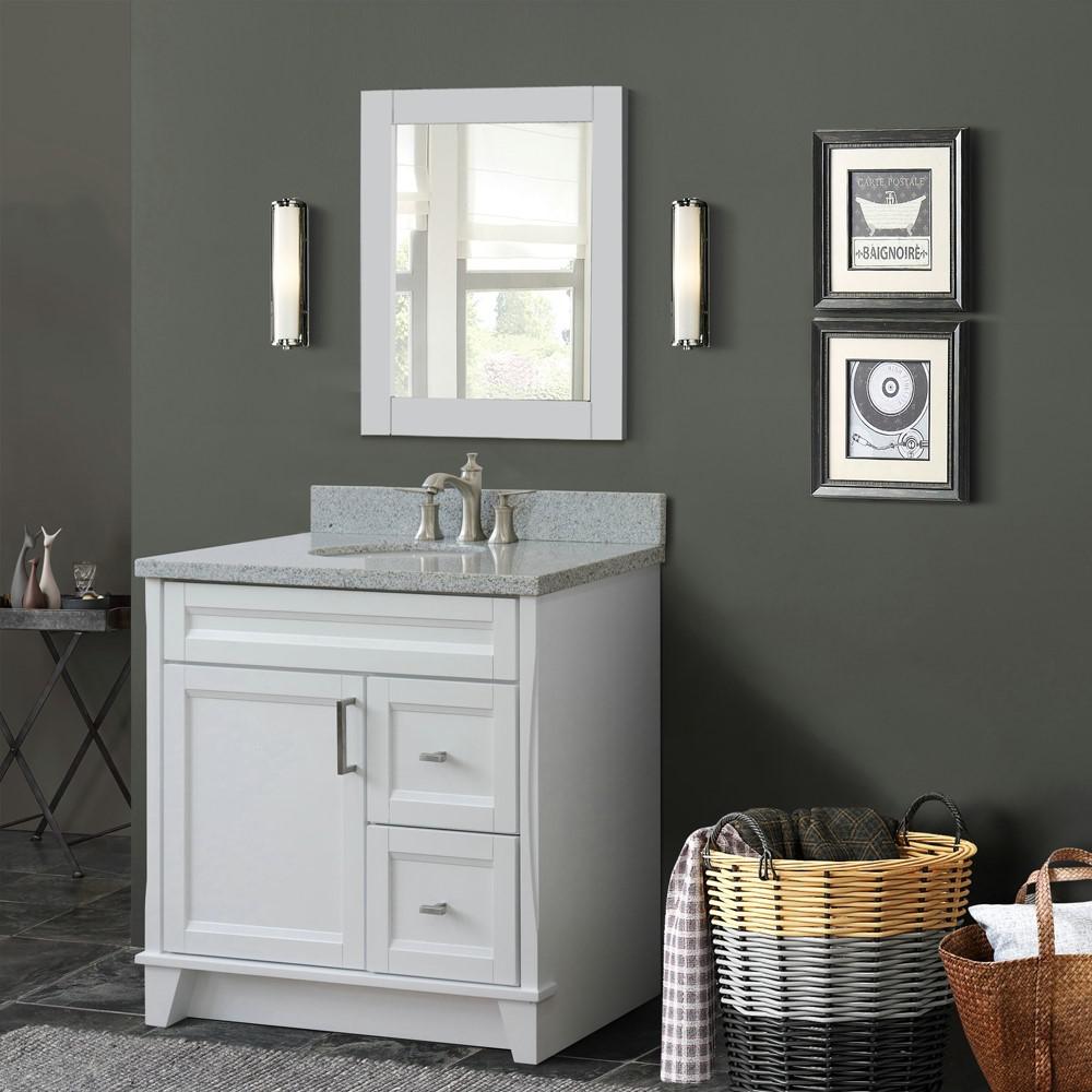 Single sink vanity in White with Gray granite and Left door/Center sink. Picture 2