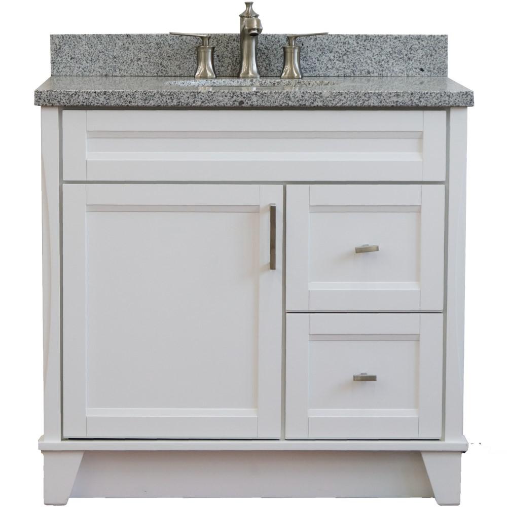 Single sink vanity in White with Gray granite and Left door/Center sink. Picture 10