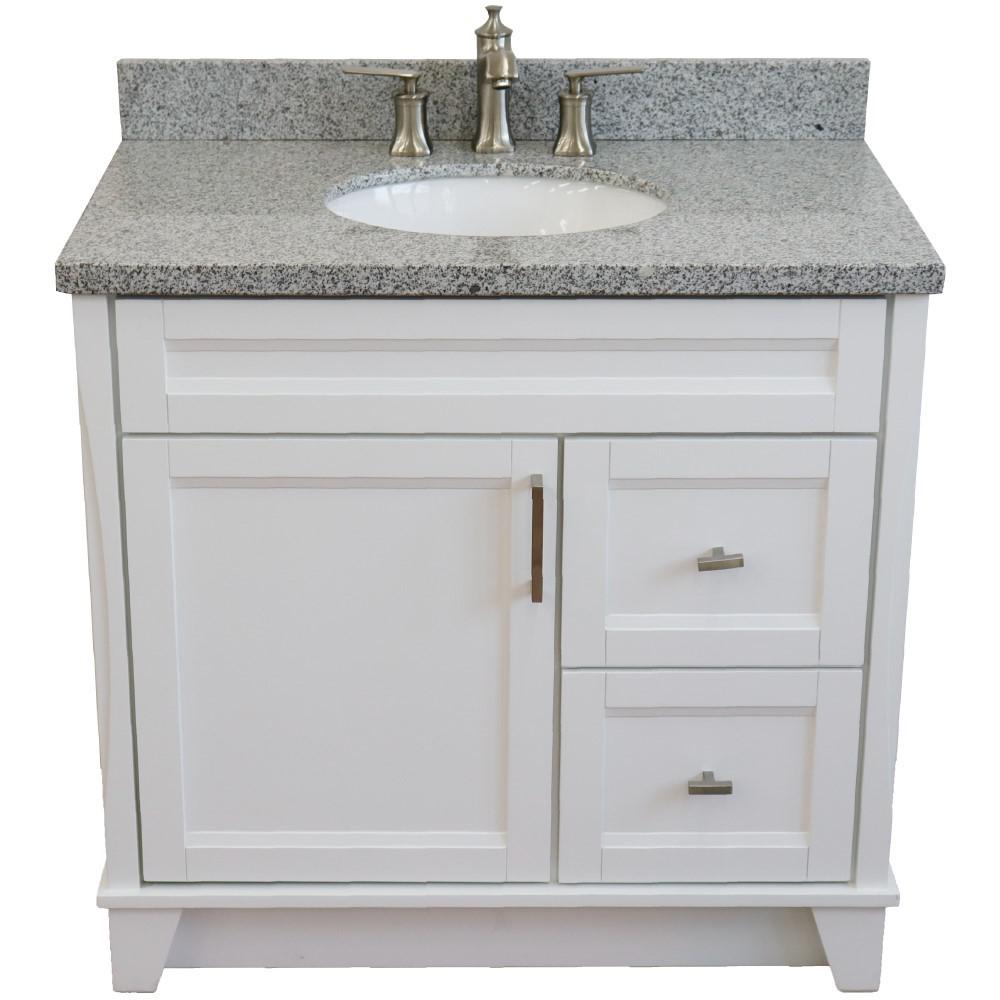 Single sink vanity in White with Gray granite and Left door/Center sink. Picture 14