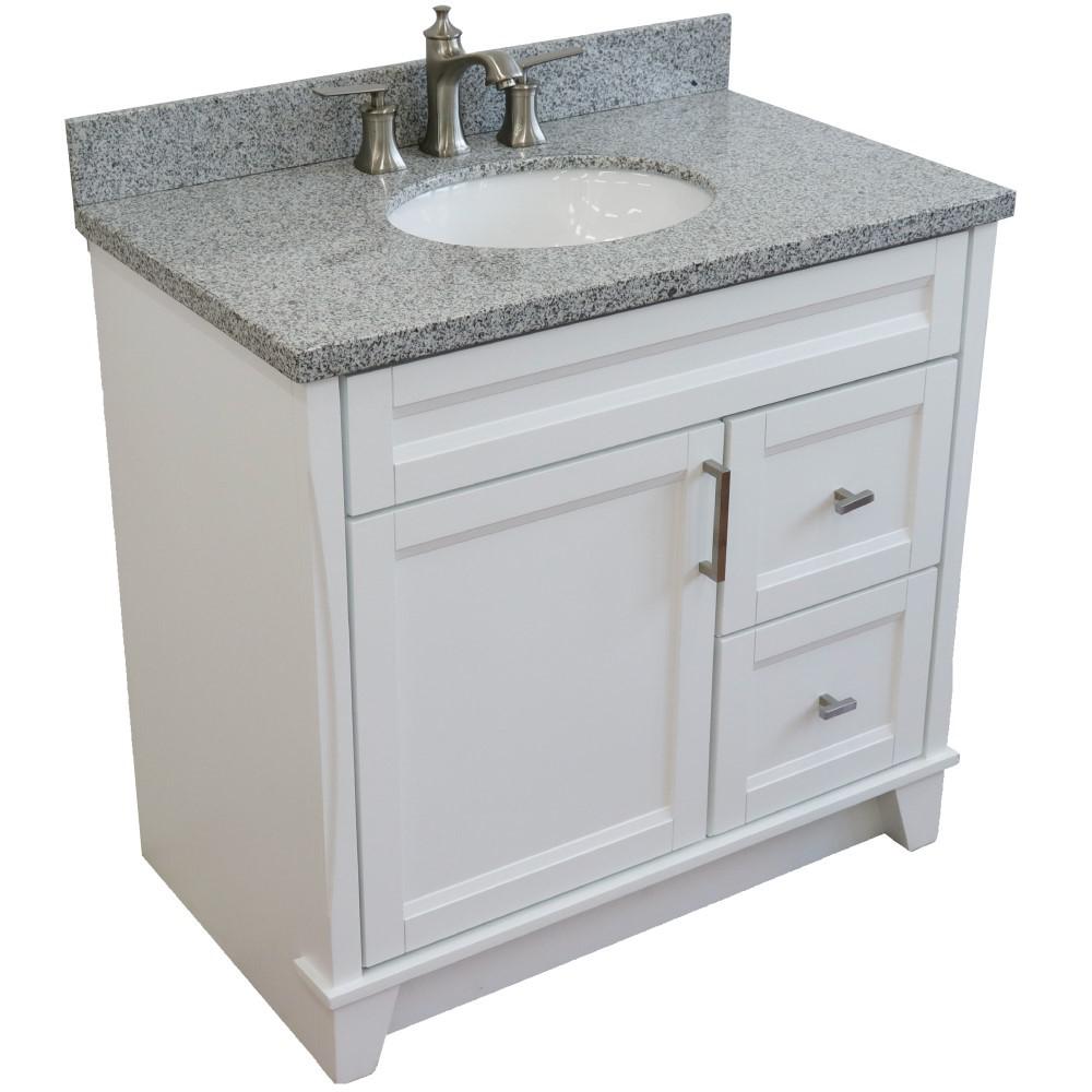 Single sink vanity in White with Gray granite and Left door/Center sink. Picture 1