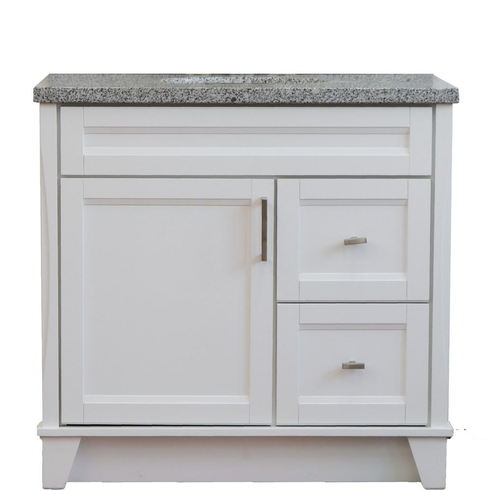 Single sink vanity in White with Gray granite and Left door/Center sink. Picture 26