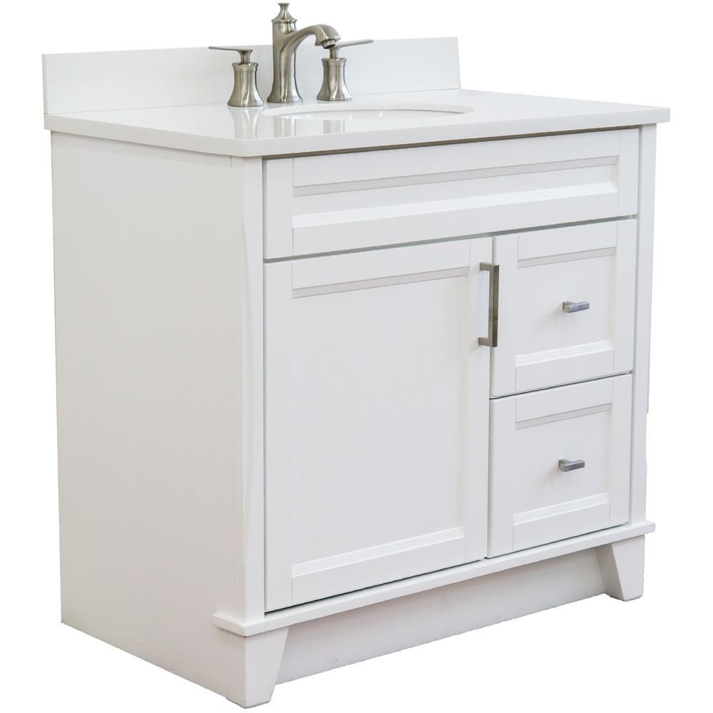 Single sink vanity in White with White quartz and Left door/Center sink. Picture 5