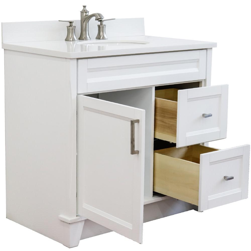 Single sink vanity in White with White quartz and Left door/Center sink. Picture 6