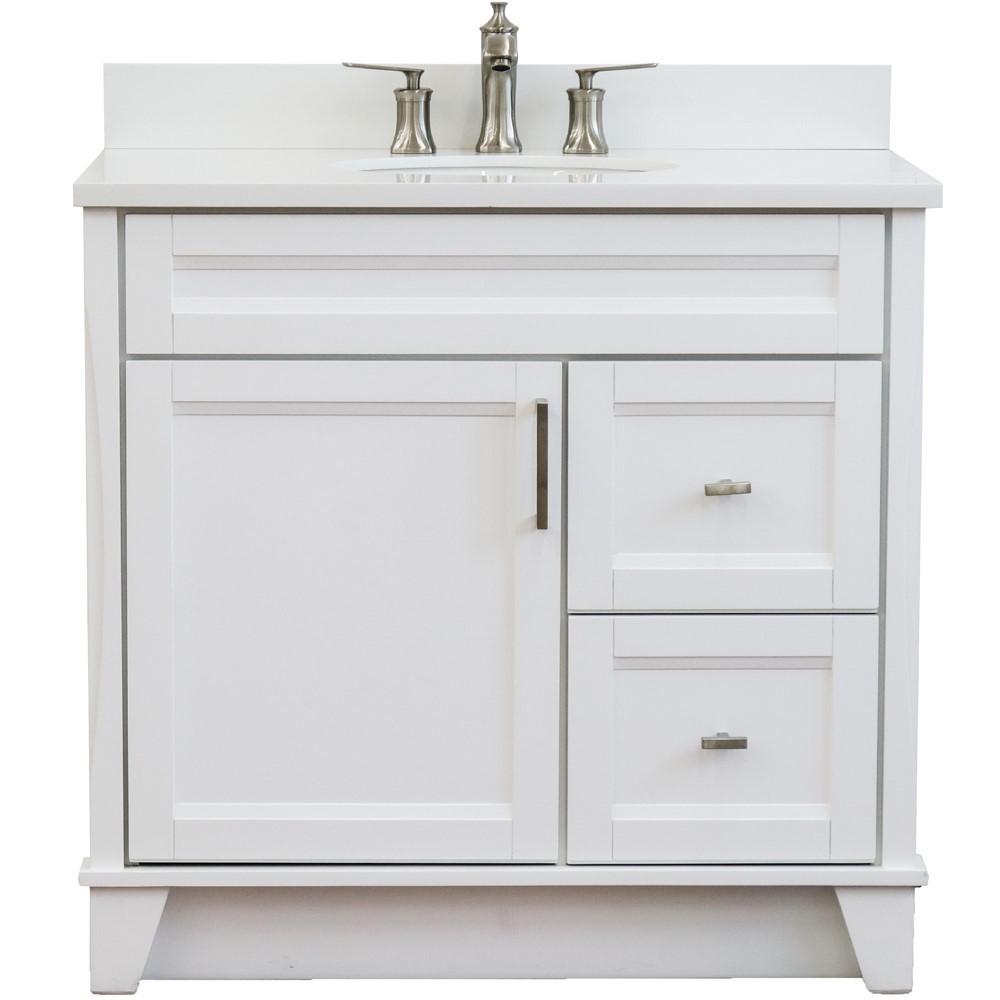 Single sink vanity in White with White quartz and Left door/Center sink. Picture 7