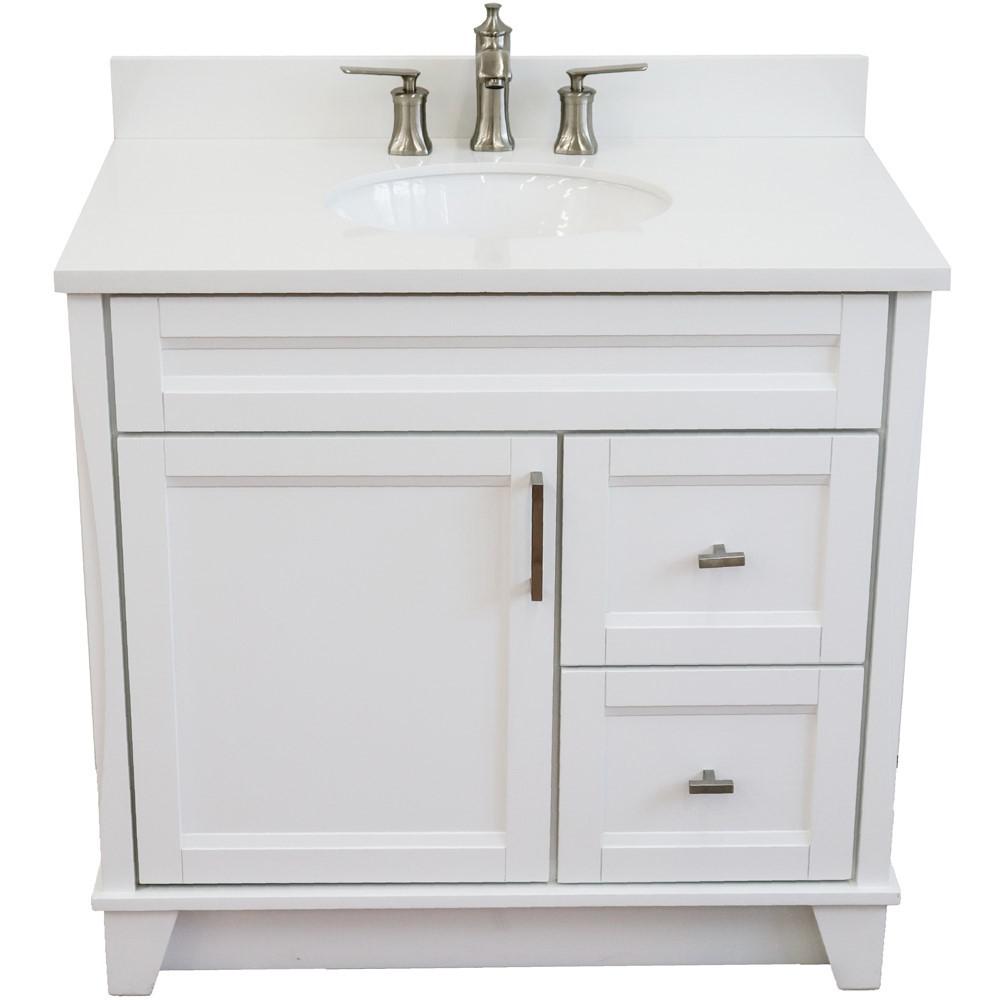 Single sink vanity in White with White quartz and Left door/Center sink. Picture 10