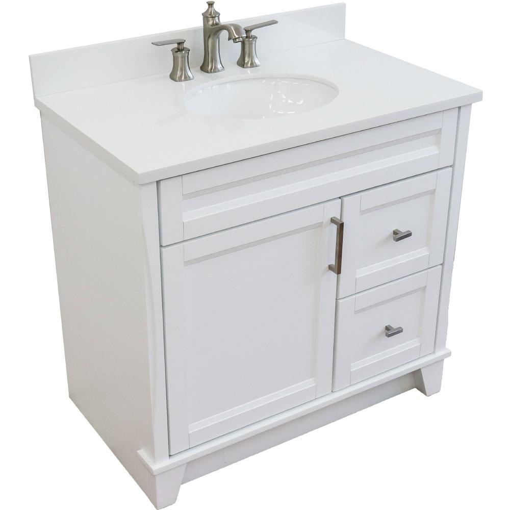 Single sink vanity in White with White quartz and Left door/Center sink. Picture 11