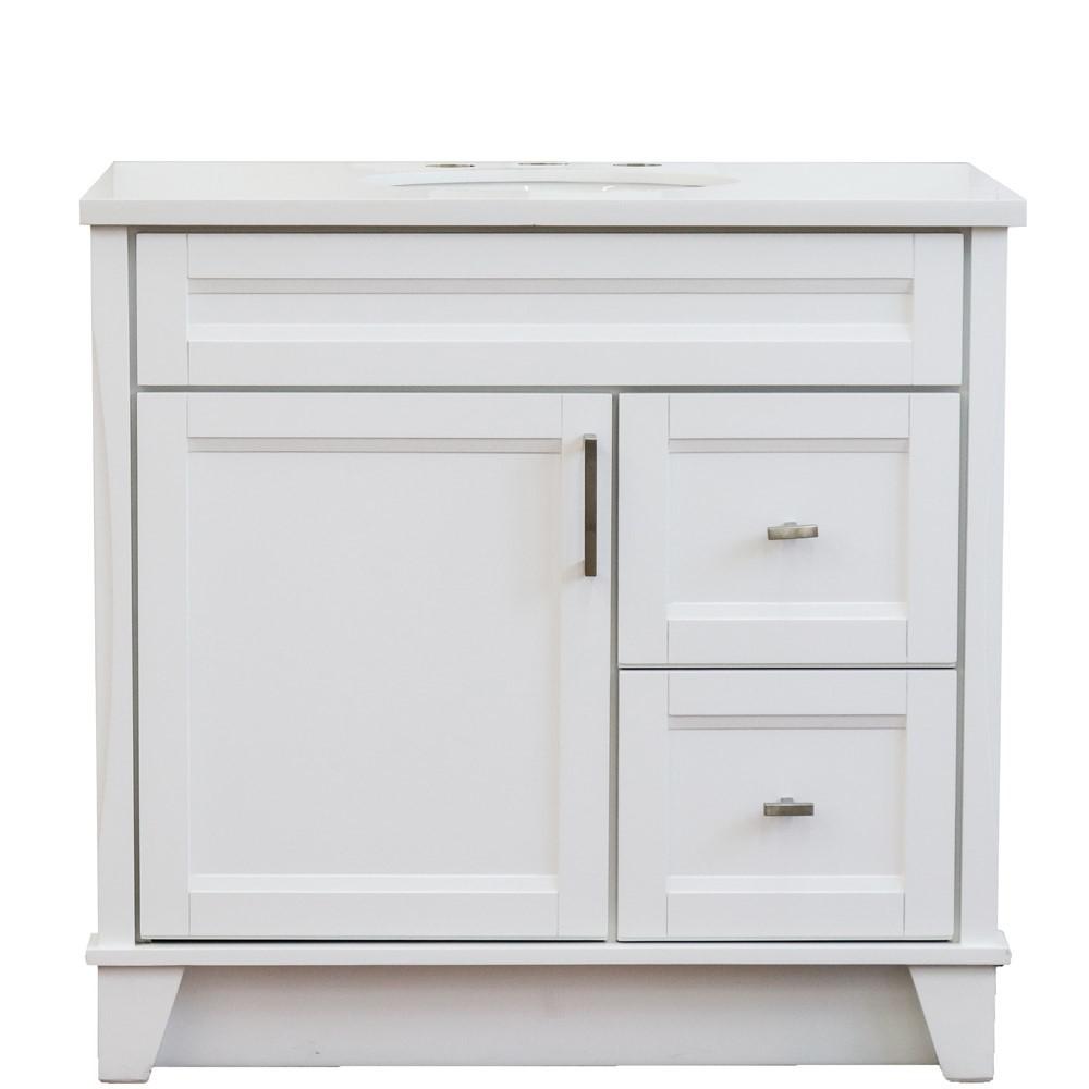 Single sink vanity in White with White quartz and Left door/Center sink. Picture 13