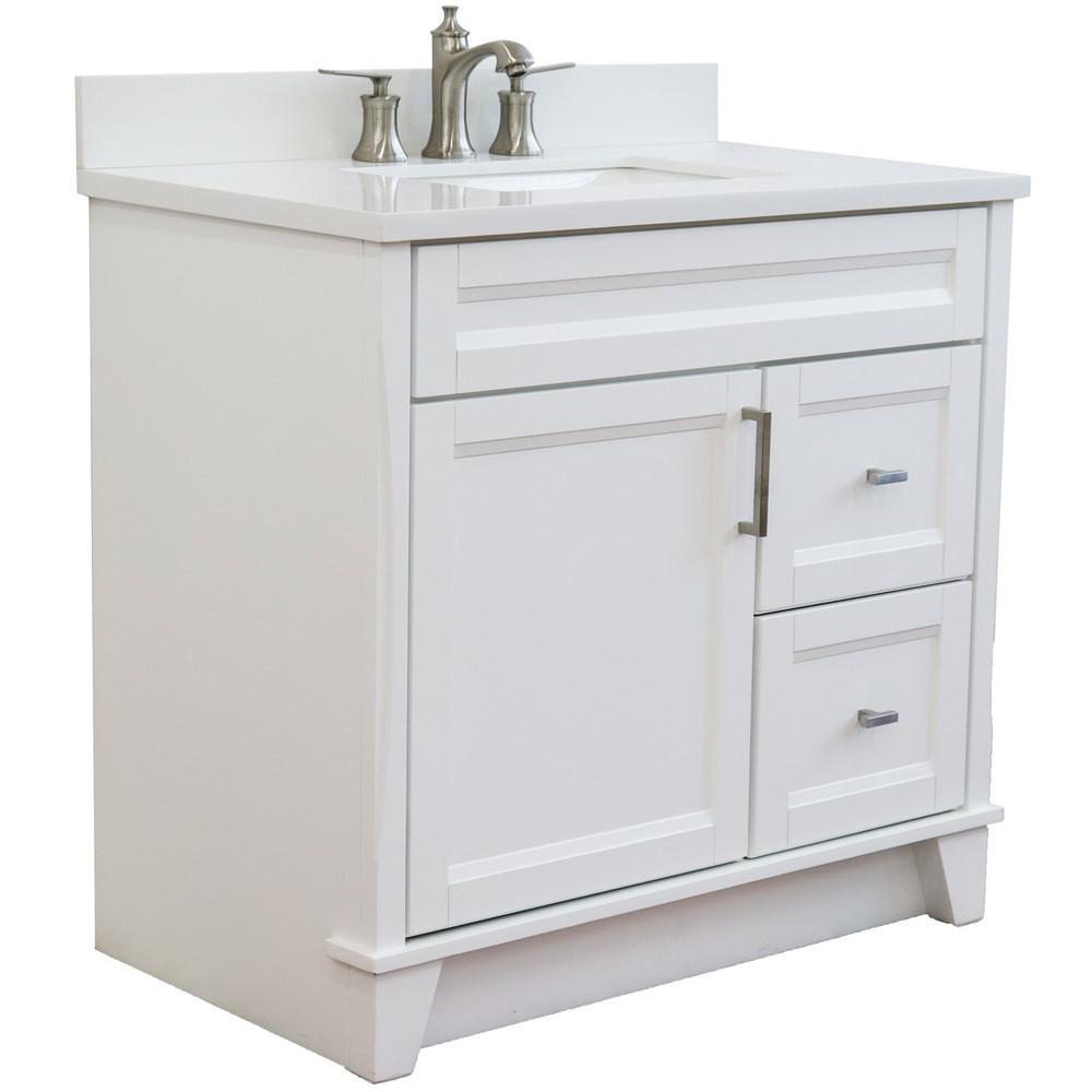 Single sink vanity in White with White quartz and Left door/Center sink. Picture 6