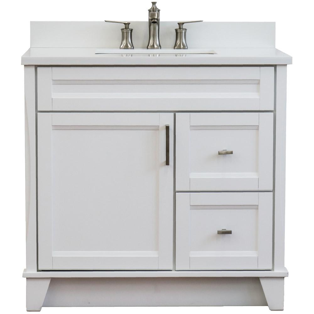 Single sink vanity in White with White quartz and Left door/Center sink. Picture 8