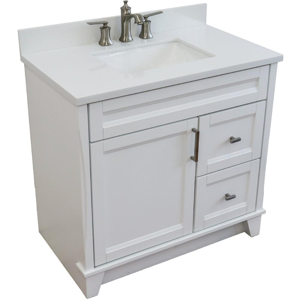 Single sink vanity in White with White quartz and Left door/Center sink. Picture 12