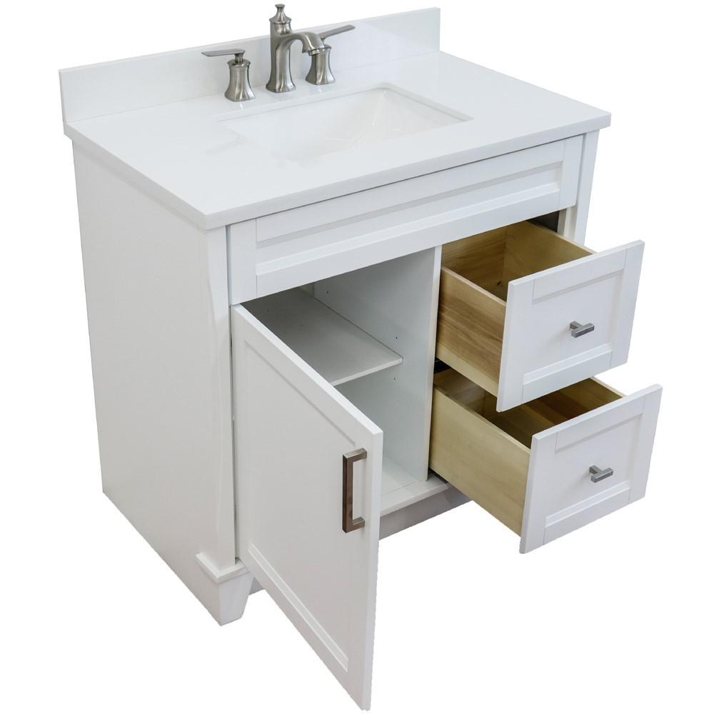 Single sink vanity in White with White quartz and Left door/Center sink. Picture 13