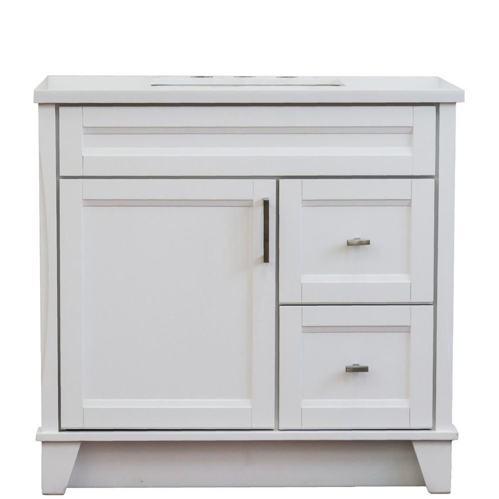 Single sink vanity in White with White quartz and Left door/Center sink. Picture 14