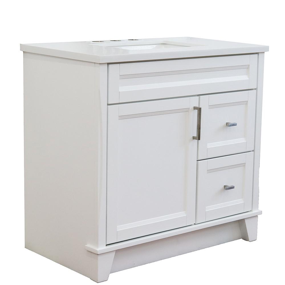 Single sink vanity in White with White quartz and Left door/Center sink. Picture 15