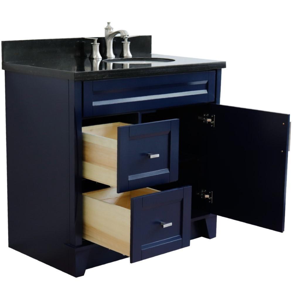 Single sink vanity in Blue with Black galaxy granite and LEFT oval sink. Picture 4