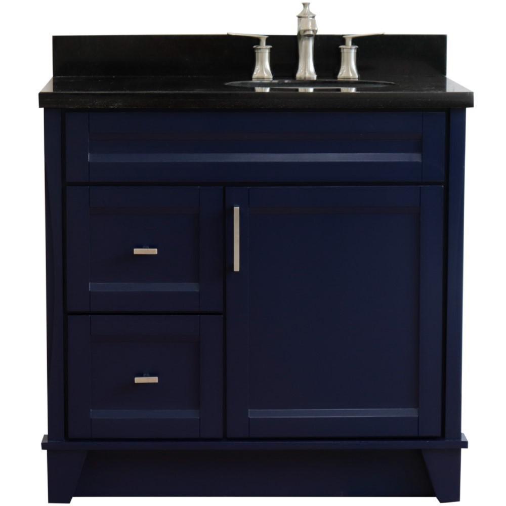 Single sink vanity in Blue with Black galaxy granite and LEFT oval sink. Picture 5