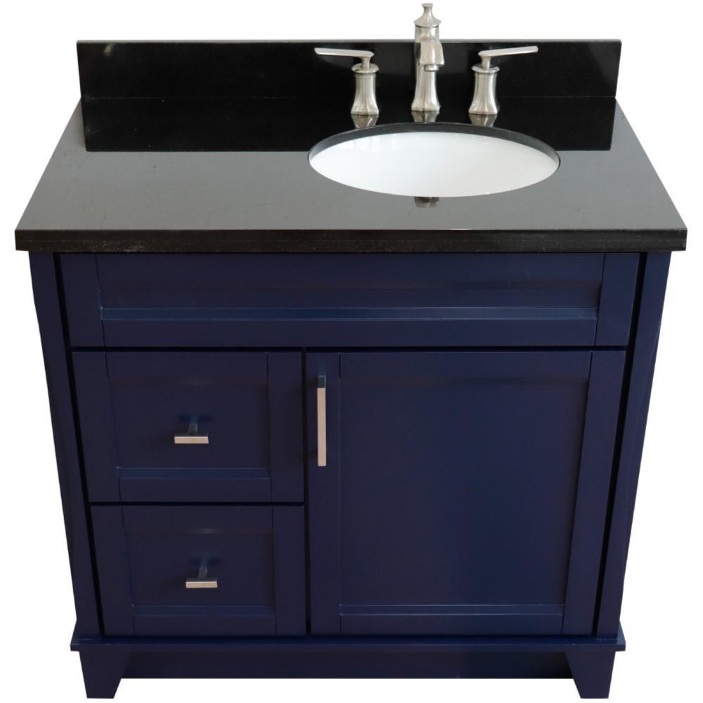 Single sink vanity in Blue with Black galaxy granite and LEFT oval sink. Picture 8