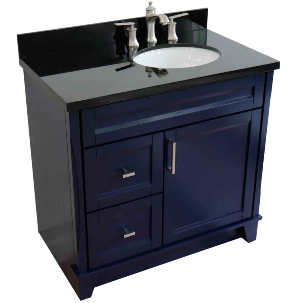 Single sink vanity in Blue with Black galaxy granite and LEFT oval sink. Picture 9